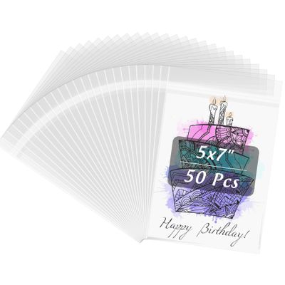 Frametory 5x7 Inches Acid-Free Plastic Sleeves Clear Storage Bags, 50 Pcs Self Sealing Cellophane Bags for 5X7 Cards Photos A6 A7 Envelopes