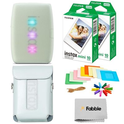 Fujifilm Instax Mini Link 3 Smartphone Printer  Sage Green Bundle with a Matching Protective Case, Twin Pack Instant Film (20 Sheets), Hanging Photo Frames, and Premium Microfiber Cleaning Cloth