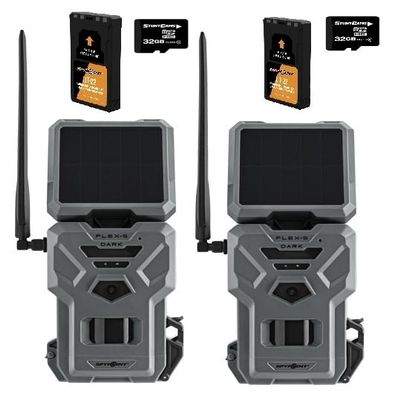 SPYPOINT Flex-S Dark Solar Cellular Trail Camera, Integrated Solar Panel, On-Demand Capable, LTE Connectivity, 100-foot Detection Range with LIT-22 Rechargeable Batteries 32GB SD Cards (2 Pack)