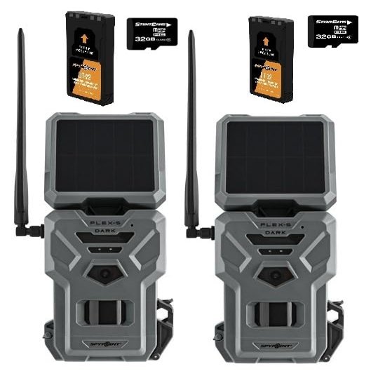 SPYPOINT Flex-S Dark Solar Cellular Trail Camera, Integrated Solar Panel, On-Demand Capable, LTE Connectivity, 100-foot Detection Range with LIT-22 Rechargeable Batteries 32GB SD Cards (2 Pack)