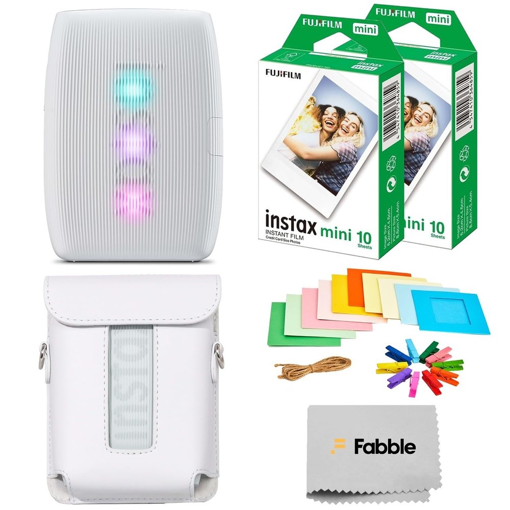 Fujifilm Instax Mini Link 3 Smartphone Printer  Clay White Bundle with a Protective Case, Twin Pack Instant Film (20 Sheets), Hanging Photo Frames, and Premium Microfiber Cleaning Cloth