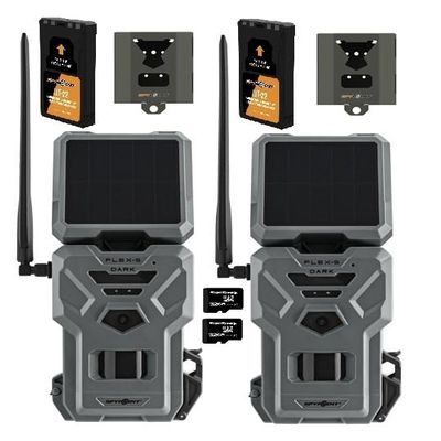 SPYPOINT Flex-S Dark Solar Cellular Trail Camera, Integrated Solar Panel, On-Demand Capable, LTE Connectivity, 100-foot Detection Range with LIT-22 Batteries SB-500S Lock Box 32GB SD Cards (2 Pack)