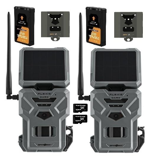 SPYPOINT Flex-S Dark Solar Cellular Trail Camera, Integrated Solar Panel, On-Demand Capable, LTE Connectivity, 100-foot Detection Range with LIT-22 Batteries SB-500S Lock Box 32GB SD Cards (2 Pack)