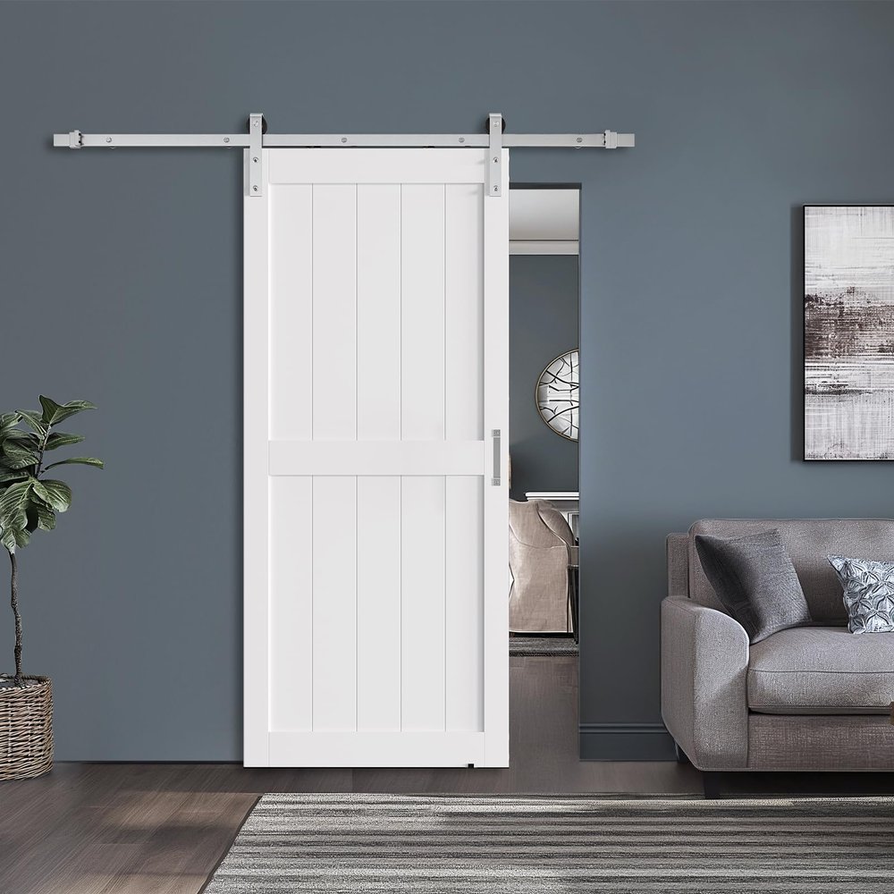26 x 84 in Manufactured Solid Wood Paneled Sliding Barn Door with Brushed Nickel Hardware Kit
