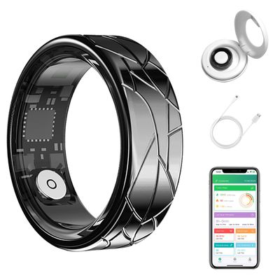 Smart Ring Health Tracker for Women Men, Heart Rate/Blood Oxygen/Sleep Tracker/Step Counter, Fitness Ring with Magnetic Charging Case, 5ATM Waterproof for IOS & Android, No Subscription Fee- Black 12