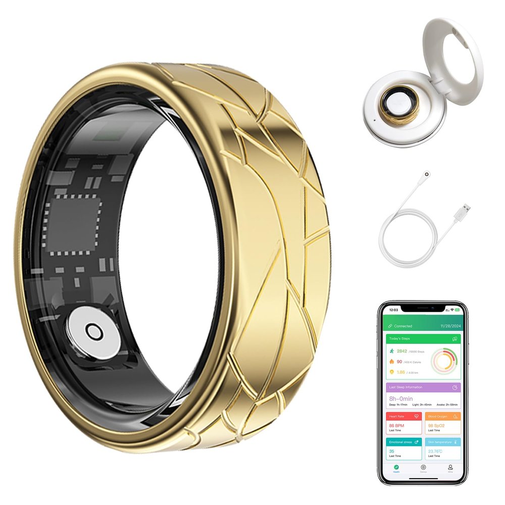 Smart Ring Health Tracker for Women Men, Heart Rate/Blood Oxygen/Sleep Tracker/Step Counter, Fitness Ring with Magnetic Charging Case, 5ATM Waterproof for IOS & Android, No Subscription Fee- Gold 11