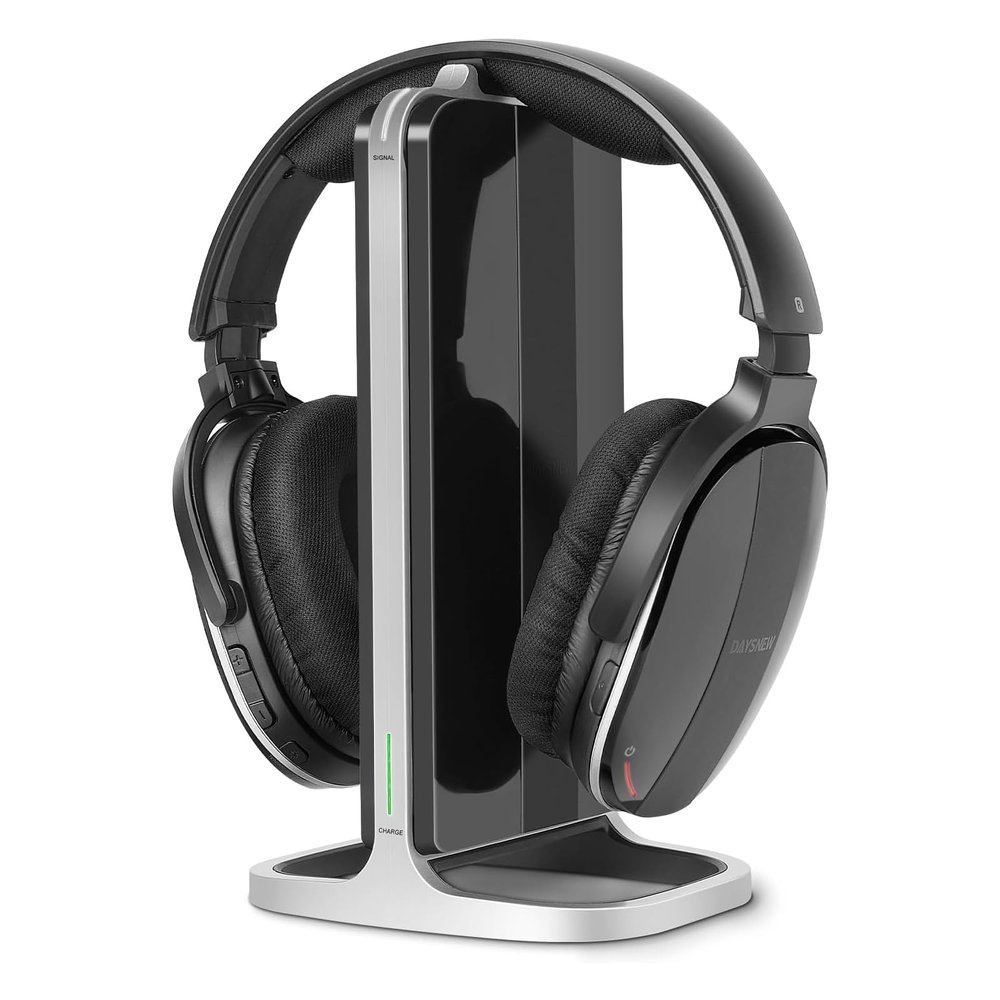 Daysnew Wireless Headphones for Watching TV with Charging Station and RF Transmitter, Comfortable TV Headset for Seniors, Compatible with All TVs, Black and Silver