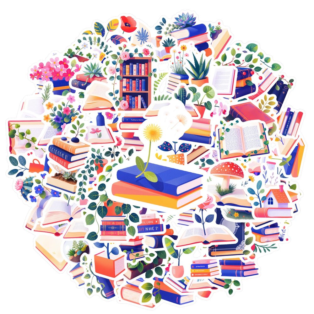 100Pcs Minimalist Books and Plant Stickers, Waterproof Books Sticker for Water Bottle Laptop Phone Cases Planner Skateboard Luggage Helmet Party Favor Decor, Ideal for Adults Teens Teacher Rewards