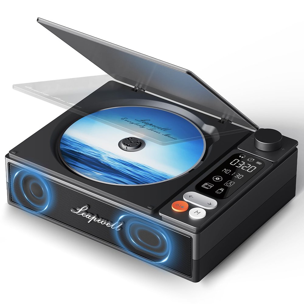 Leapwell CD Player Portable Bluetooth Desktop CD Players for Home with Speakers Rechargeable Small Retro CD Player with LCD Screen Optical USB Black