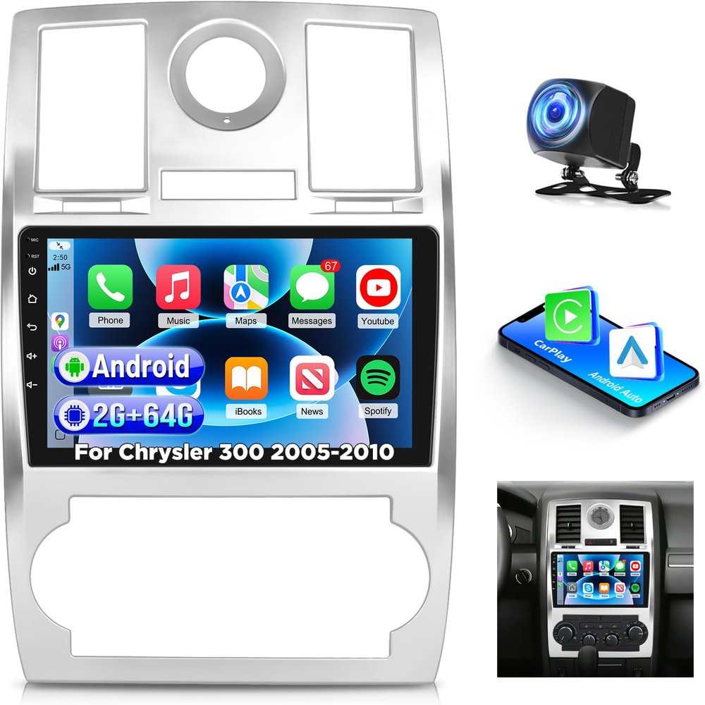 [4+64] Car Radio for Chrysler 300 2005 2006 2007 2008 2009 2010, Volxcereo 9 inch Touch Screen Stereo with Carplay/Android Auto, GPS Navigation, WiFi Hotpots, Bluetooth 5.0, SWC, FM/RDS Radio