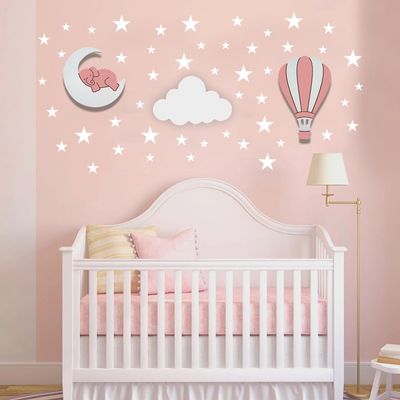 3 Piece Nursery Decor Set with Lights Elephant on Moon, Hot Air Balloon & Star Wall Decor for Baby Girl Room, Pink Nursery Wall Light Set