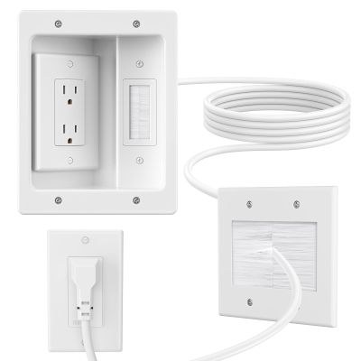 in Wall Cable Concealer Kit with Brush Wall Plate,Recessed Outlet Box,9ft Cord,2 Gang Pass Through Wire Hider for TV Cable Management,HDMI Cables and Home Theater Systems
