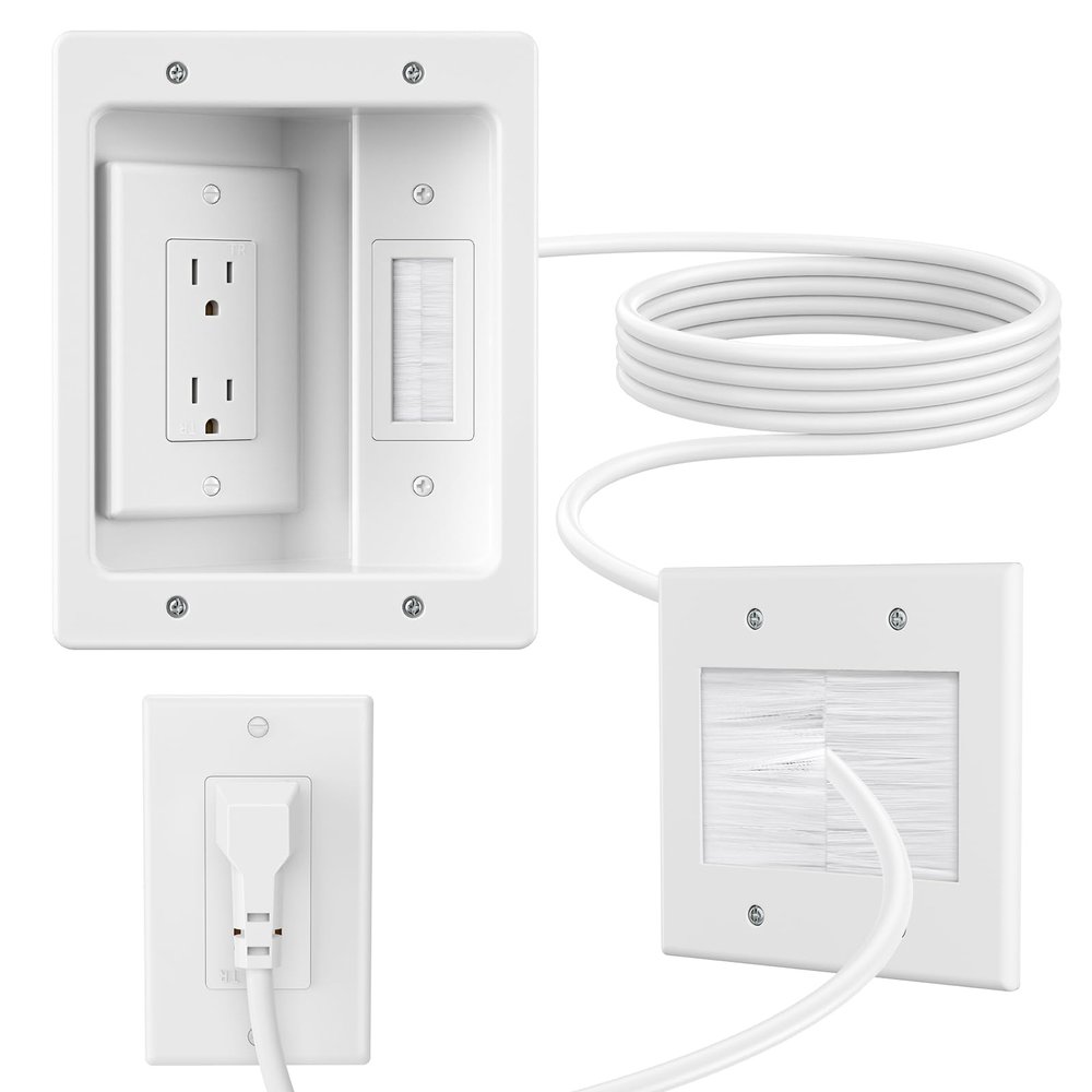 in Wall Cable Concealer Kit with Brush Wall Plate,Recessed Outlet Box,9ft Cord,2 Gang Pass Through Wire Hider for TV Cable Management,HDMI Cables and Home Theater Systems
