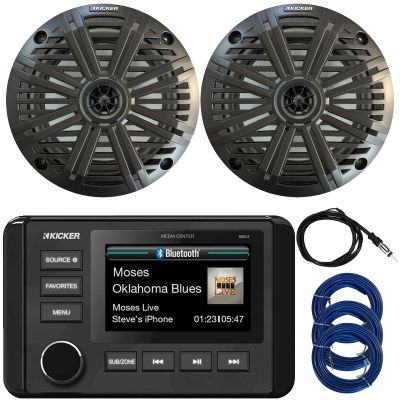 Kicker 51KMC4 3" LCD Marine Bluetooth Weather-Resistant Gauge-Style AM/FM WB/USB/AUX Media Center Receiver, 2x 6.5" 195W Max Power Coaxial Speakers W/Charcoal Grilles, Radio Antenna, 3x Speaker Wire