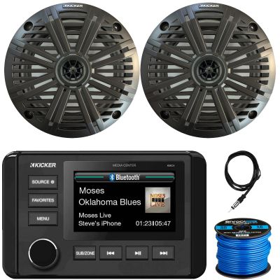 KICKER 51KMC4 3" LCD Marine Bluetooth Weather-Resistant Gauge-Style AM/FM WB/USB/AUX Media Center Receiver, 2X 6.5 195W Max Power Coaxial Speakers W/Charcoal Grilles, Radio Antenna, Speaker Wire
