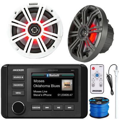 Kicker 51KMC4 3" LCD Marine Bluetooth Weather-Resistant Gauge-Style AM/FM WB/USB/AUX Media Center Receiver, 2x 6.5" 195W Max Power RGB LED Boat Speakers W/Grilles, Antenna, Speaker Wire, Controller