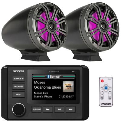 Kicker 51KMC4 3" LCD Marine Bluetooth Weather-Resistant Gauge-Style AM/FM WB/USB/AUX Media Center Receiver, 2x 6.5" 195W Max Power RGB LED Black Tower Boat Speakers W/Charcoal Grilles, LED Controller