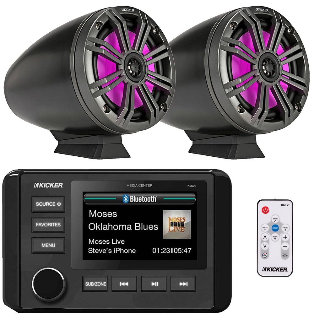 Kicker 51KMC4 3" LCD Marine Bluetooth Weather-Resistant Gauge-Style AM/FM WB/USB/AUX Media Center Receiver, 2x 6.5" 195W Max Power RGB LED Black Tower Boat Speakers W/Charcoal Grilles, LED Controller