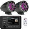 Kicker 51KMC4 3" LCD Marine Bluetooth Weather-Resistant Gauge-Style AM/FM WB/USB/AUX Media Center Receiver, 2x 6.5" 195W Max Power RGB LED Black Tower Boat Speakers W/Charcoal Grilles, LED Controller view 1