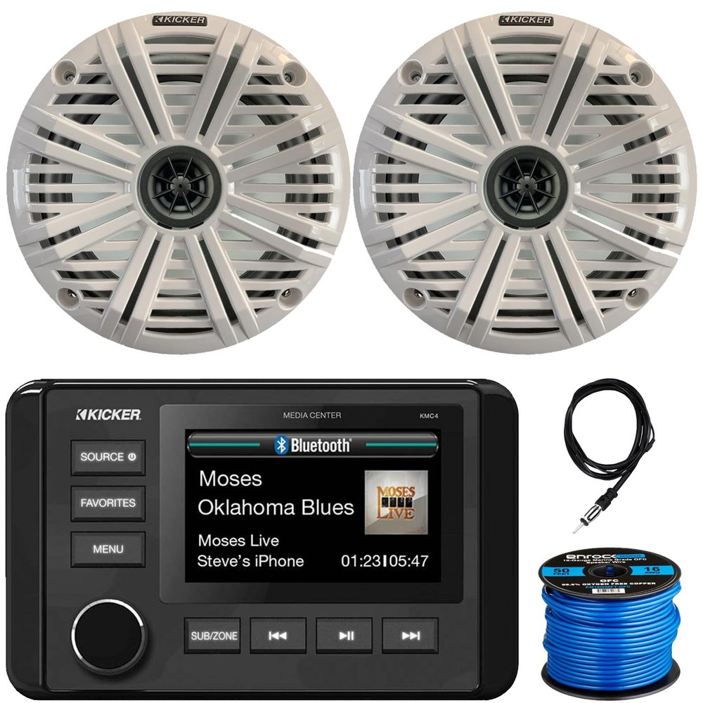 KICKER 51KMC4 3" LCD Marine Bluetooth Weather-Resistant Gauge-Style AM/FM WB/USB/AUX Media Center Receiver, 2X 6.5 195W Max Power Coaxial Speakers W/White Grille, Radio Antenna, Speaker Wire