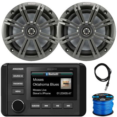 KICKER 51KMC4 3" LCD Marine Bluetooth Weather-Resistant Gauge-Style AM/FM WB/USB/AUX Media Center Receiver, 2X 6.5 195 Watt Max Power Coaxial Speakers W/Charcoal Grilles, Radio Antenna, Speaker Wire