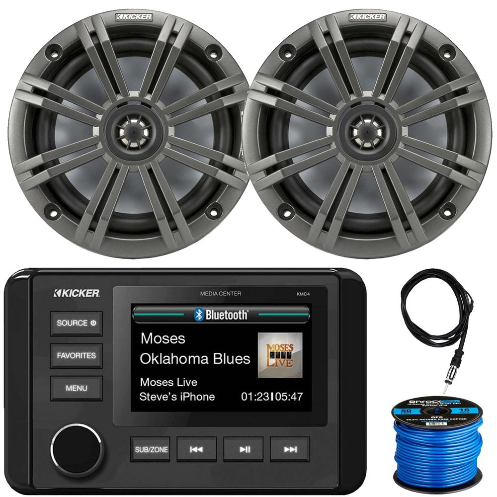 KICKER 51KMC4 3" LCD Marine Bluetooth Weather-Resistant Gauge-Style AM/FM WB/USB/AUX Media Center Receiver, 2X 6.5 195 Watt Max Power Coaxial Speakers W/Charcoal Grilles, Radio Antenna, Speaker Wire