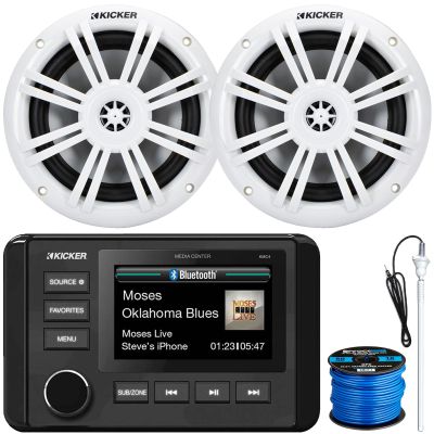 Kicker 51KMC4 3" LCD Marine Bluetooth Weather-Resistant Gauge-Style AM/FM WB/USB/AUX Media Center Receiver, 2x 6.5" 150W Max Power 2-Way White Boat Coaxial Speakers, Speaker Wire, Radio Antenna
