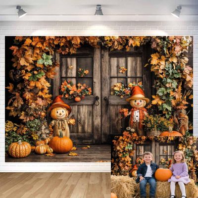 10x8ft Fall Photo Backdrop Thanksgiving Background Autumn Pumpkin Harvest Fall Photograph Backdrop Farmhouse Barn Door Maple Leaves Scarecrow Party Decorations Banner