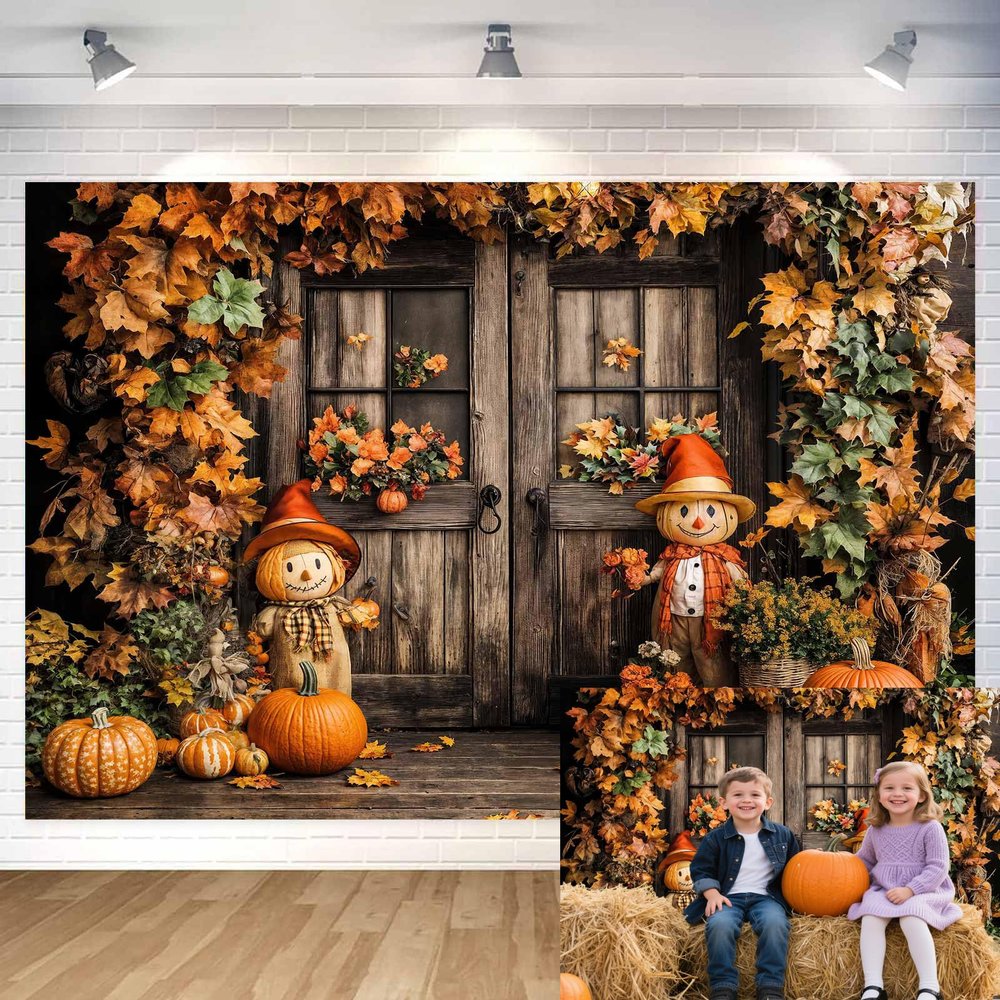 10x8ft Fall Photo Backdrop Thanksgiving Background Autumn Pumpkin Harvest Fall Photograph Backdrop Farmhouse Barn Door Maple Leaves Scarecrow Party Decorations Banner