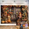 10x8ft Fall Photo Backdrop Thanksgiving Background Autumn Pumpkin Harvest Fall Photograph Backdrop Farmhouse Barn Door Maple Leaves Scarecrow Party Decorations Banner view 1