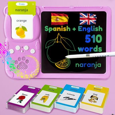 MoLingvora Writing Tablet with Bilingual Flash Cards for Kids, Spanish Pink