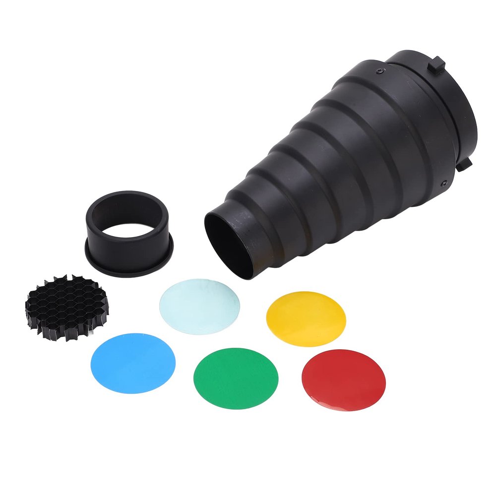 Flash Snoot Mount Conical Snoot Kit | Bowens Mount for Studio Photography/Video Illumination | 5 Color Films & Cellular Grid for Controlled Illumination | Metal Construction,