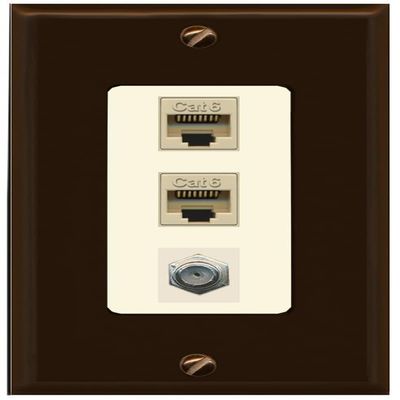 RiteAV Decorative Wall Plate 3 Port - 2 x Cat6, 1 x Coax - 1 Gang [Brown/Light-Almond]