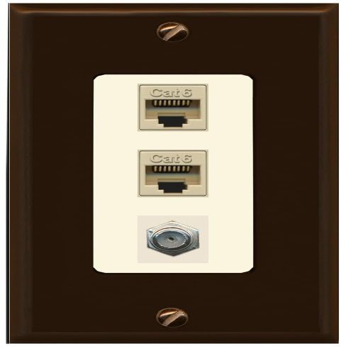 RiteAV Decorative Wall Plate 3 Port - 2 x Cat6, 1 x Coax - 1 Gang [Brown/Light-Almond]