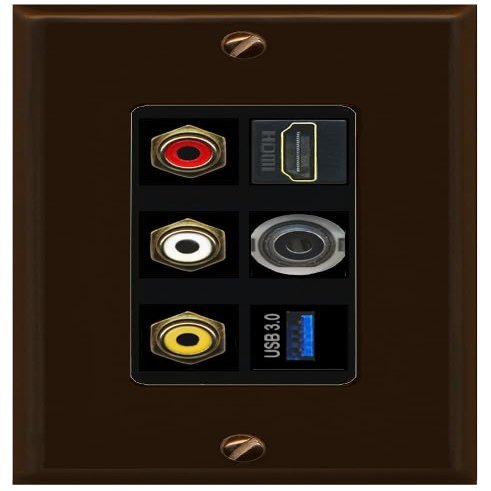 RiteAV 3xRCA Composite HDMI 3.5mm USB 3.0 Wall Plate - 1 Gang [Brown/Black]