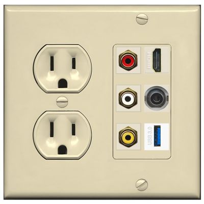 RiteAV 3xRCA Composite HDMI 3.5mm USB 3.0 Wall Plate - Round Outlet [Ivory/Ivory]
