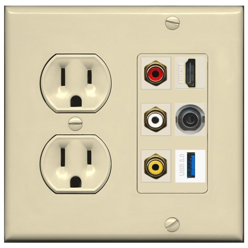 RiteAV 3xRCA Composite HDMI 3.5mm USB 3.0 Wall Plate - Round Outlet [Ivory/Ivory]