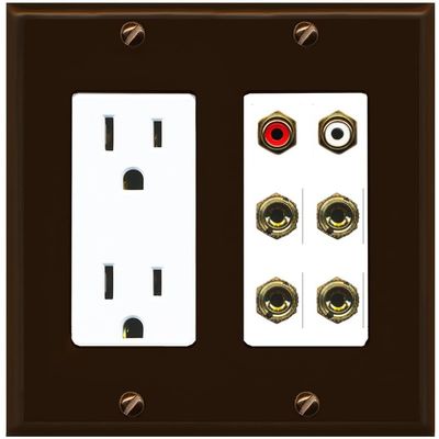 RiteAV 4 Banana (2 Speaker) Binding Post Wall Plate with 2 RCA Jacks (Red+White) - Outlet [Brown/White]