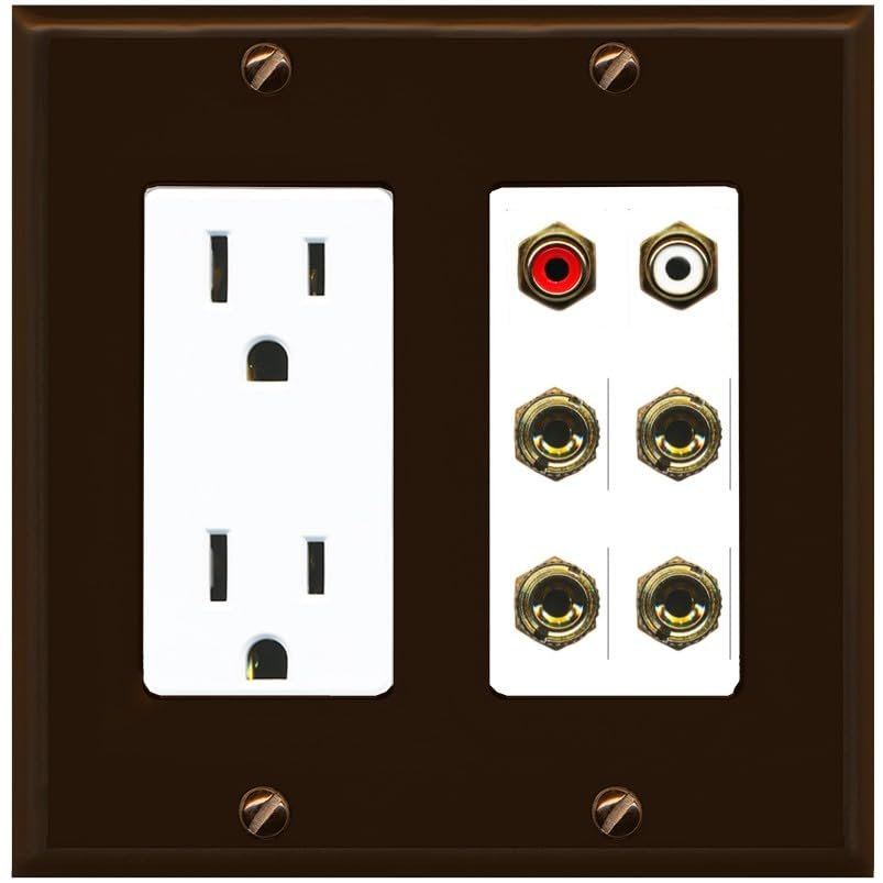 RiteAV 4 Banana (2 Speaker) Binding Post Wall Plate with 2 RCA Jacks (Red+White) - Outlet [Brown/White]