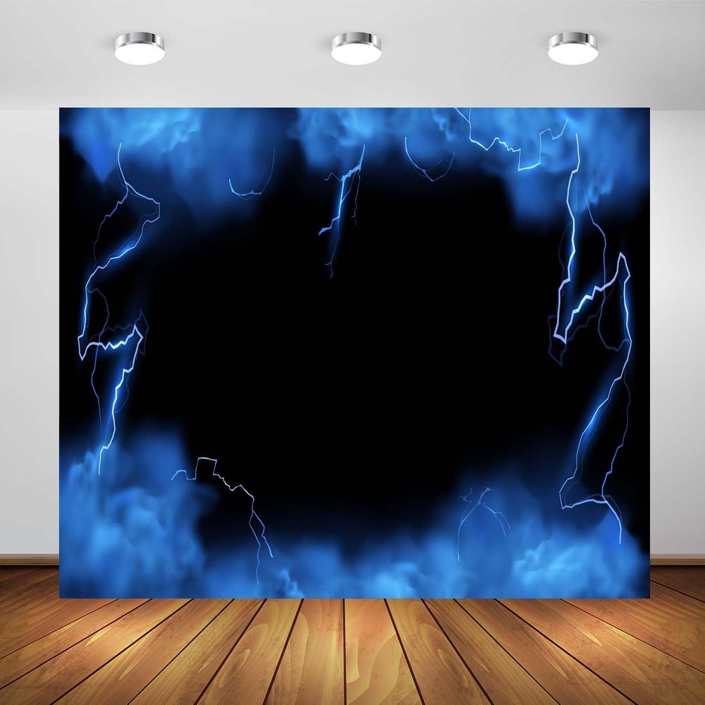 Loccor 7x5ft Fabric Blue Lightning Backdrop Spectacular Stormy Blue Sky Glowing Thunderbolt with Smoke and Fog Background Birthday Party Decorations Photo Studio Props
