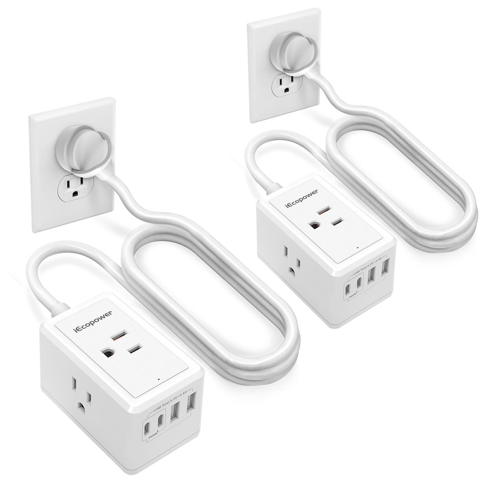 2 Pack Power Strip Surge Protector-3 Widely Spaced Outlets 4 USB Ports(2 USB C Port,PD 20W),1250W/10A with 5Ft Extension Cord, Power Strips with Surge Protection, Wall Mount for Home Office,White.