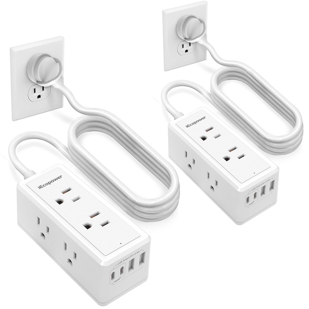10FT Long Surge Protector Power Strip-with 6 Widely Outlets and 4 USB Ports(2 USB-C Port,PD20W Fast Charging),10 Foot Extension Cord(1250W/10A),Wall Mount for Home Office,900 J,White(2 Pack)