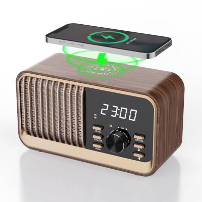 MONODEAL Alarm Clock Radio with Fast Wireless Charging,Support Bluetooth 5.3/FM Radio/USB Port/TF Card/Aux in,8W Stereo Sound Speaker,Snooze,Hands-Free Calling,Dimmable Clock Radios for Bedroom