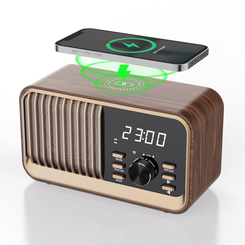 MONODEAL Alarm Clock Radio with Fast Wireless Charging,Support Bluetooth 5.3/FM Radio/USB Port/TF Card/Aux in,8W Stereo Sound Speaker,Snooze,Hands-Free Calling,Dimmable Clock Radios for Bedroom