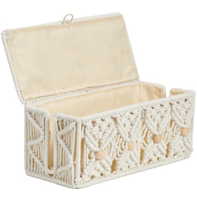 VinneGenzz Cable Management Box Handmade Macrame Cord Storage Organizer Power Strips Outlet Router Adapter TV Wire Hider Cover Under Desk Natural Cotton Rope Woven Boxes with Lid (Off White, Medium)