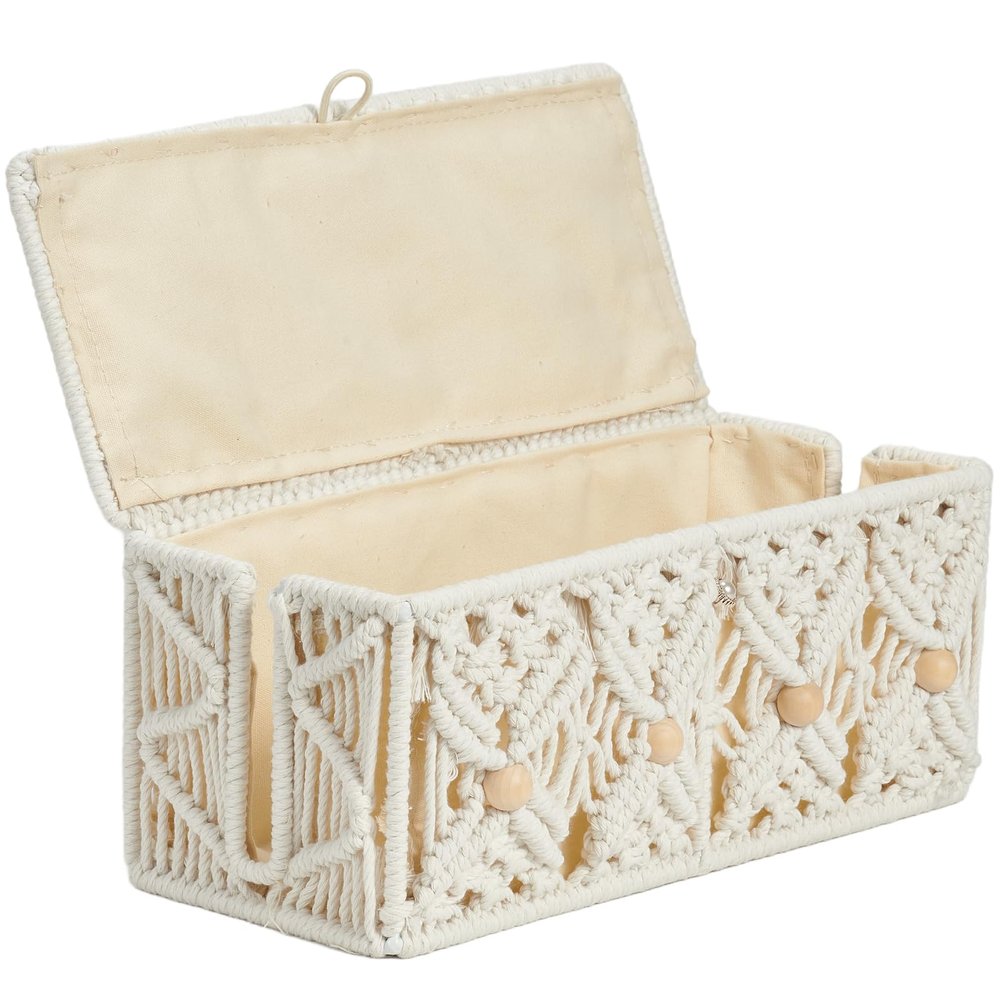 VinneGenzz Cable Management Box Handmade Macrame Cord Storage Organizer Power Strips Outlet Router Adapter TV Wire Hider Cover Under Desk Natural Cotton Rope Woven Boxes with Lid (Off White, Medium)