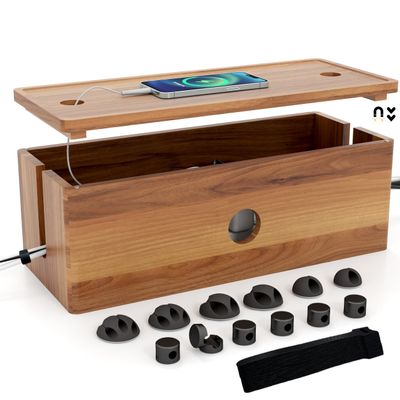 Acacia Wood Cord Organizer, Large Cable Management Solution, for Power Strips and Floor-Level Devices  Conceals TV Wires, Computer Cables, Router, USB Hub