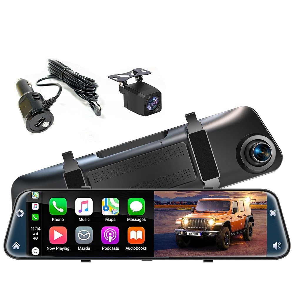 12'' Rearview Mirror Camera with CarPlay&Andorid Auto,4K Mirror Dash Cam Front and Rear Backup Camera with Reverse Assist/Loop Record/G Sensor/Voice Control&Split Touch Screen,64GB Card Included