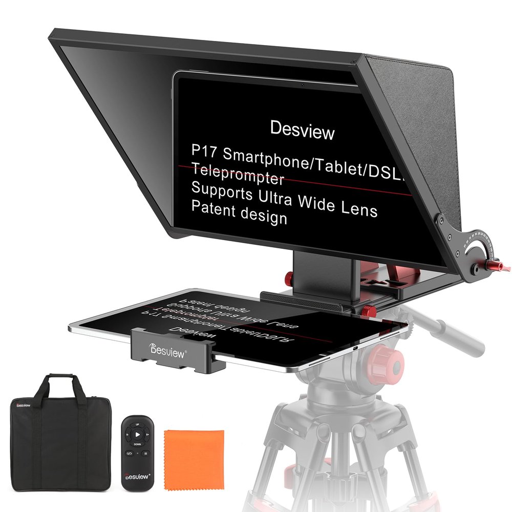 Desview P17 Teleprompter17 inch Aluminum Alloy Liftable Teleprompter, High Display Glass, Compatible with iPad Tablet Phone DSLR Camera, No Assembly, Carry Case Included, Great for Video Making