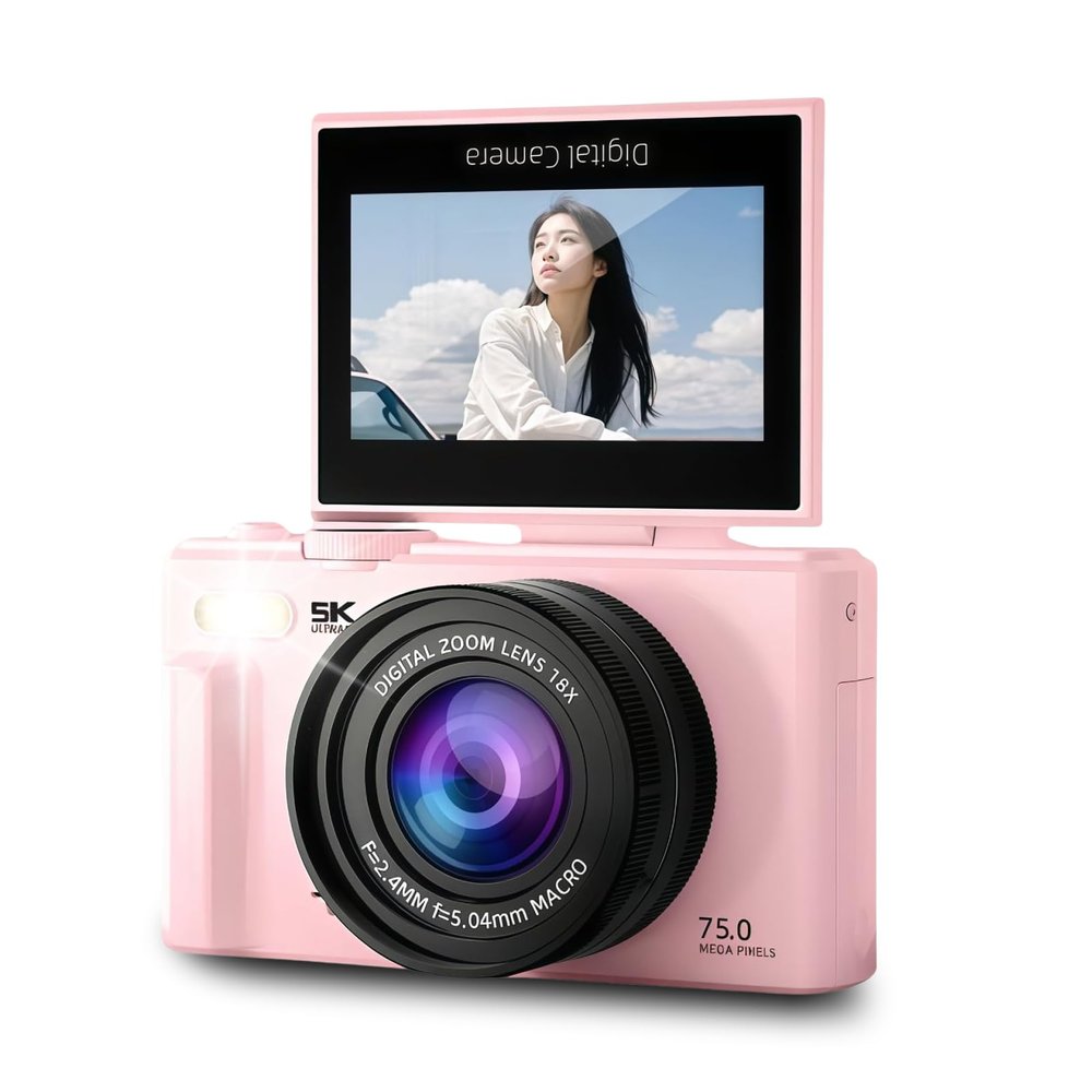 5K 75MP Digital Camera 3 Inch 180 Degree Flip Screen, 18X Digital Zoom, WiFi Vlog Cameras Autofocus Video Camera for Photography Travel